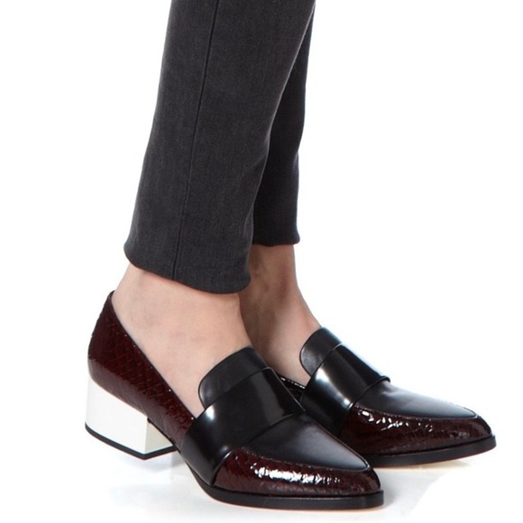 PHILLIP LIM Quinn Heeled Loafer Womens 7 Burgundy Black Croc Embossed Block Luxe - Picture 2 of 12
